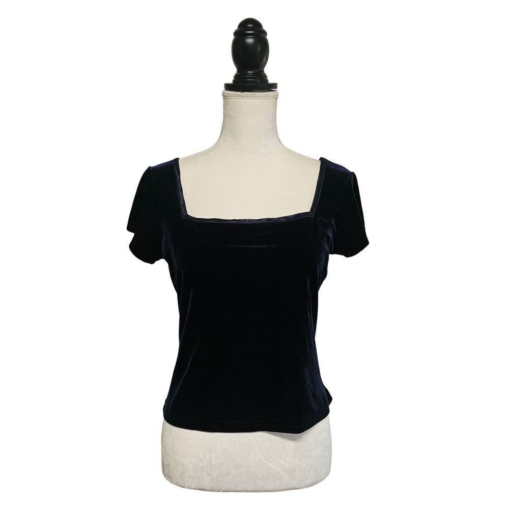 Vintage Y2K Navy Velvet Square Neck Cropped Top Size L Grunge Goth Witchy